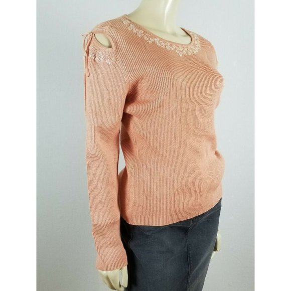 CHRISTINE PHILLIPE peach peekaboo sleeves beaded Sweater size Large - Picture 2 of 11